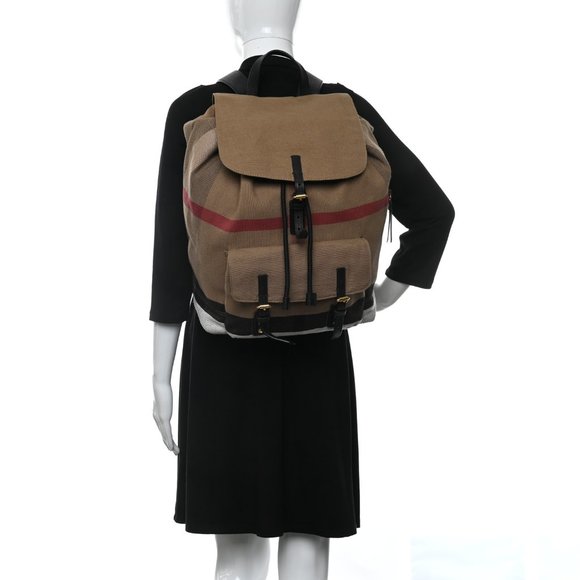 NWT BURBERRY BROOKDALE CANVAS CAMEL CHECK BACKPACK WITH LEATHER TRIM - Picture 2 of 8
